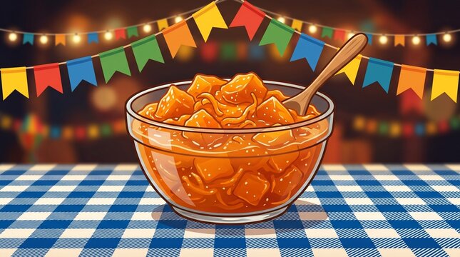 Traditional Brazilian pumpkin jam or doce de ab&oacute;bora in a glass bowl Festa Junina theme vector illustration &ndash; commercial confectionery, regional desserts, and festival food branding concept.