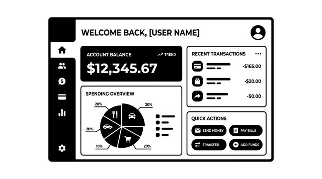 Digital financial dashboard displaying account balance, recent transactions, and spending overview for personal money management and smart budgeting