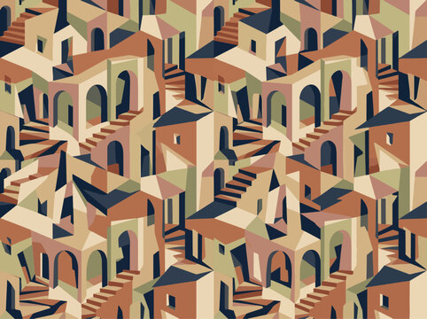 Seamless pattern of colorful abstract buildings with stairs and arches in earthy tones