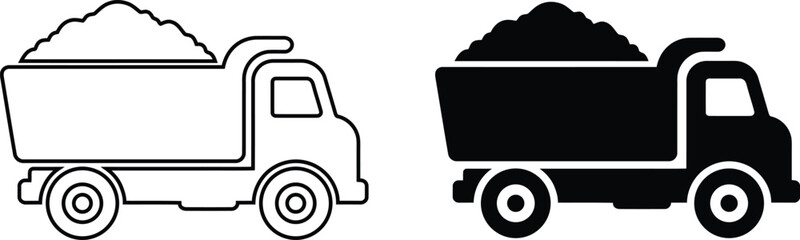 Dump truck icon set black and white linear illustration of heavy construction vehicle with load © MstSajeda