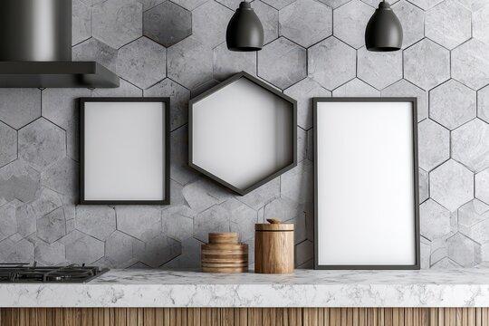 Modern Kitchen Countertop with Hexagonal Tile Backsplash and Empty Frames