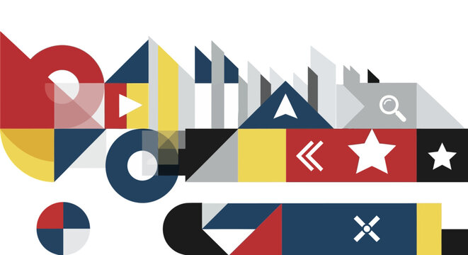Geometric Abstract Design with Shapes, Play Button, Arrow, Star Icons