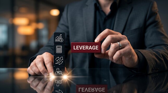 Leverage Business Strategy Concept: Professional hands arranging abstract financial blocks for corporate growth, investment, and success potential in modern marketing.