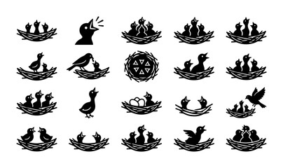 Minimalist bird nest icons, 20 black silhouette vector elements of baby birds and eggs, wildlife nature symbols for logos and infographics