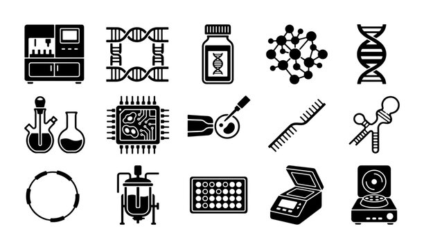 Biotechnology laboratory icons set, 15 black vector symbols for genetic engineering, DNA research and microbiology equipment