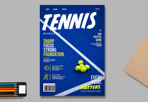 Modern Tennis Sports Magazine Cover Design With Blue Court and Tennis Balls