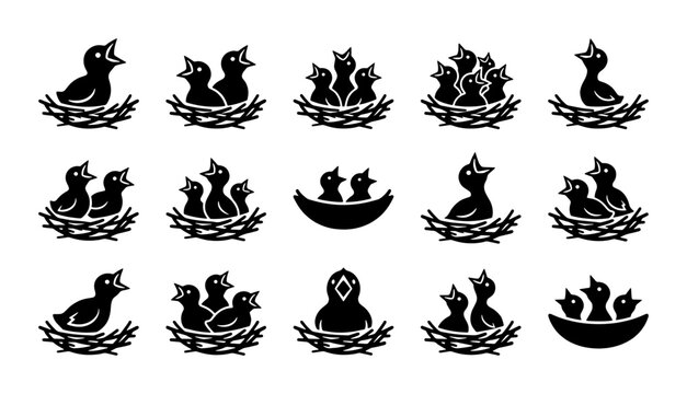 Minimalist bird nest icons set, black silhouette baby birds in nests, 15 vector elements of hungry chicks waiting for food, wildlife nature symbols