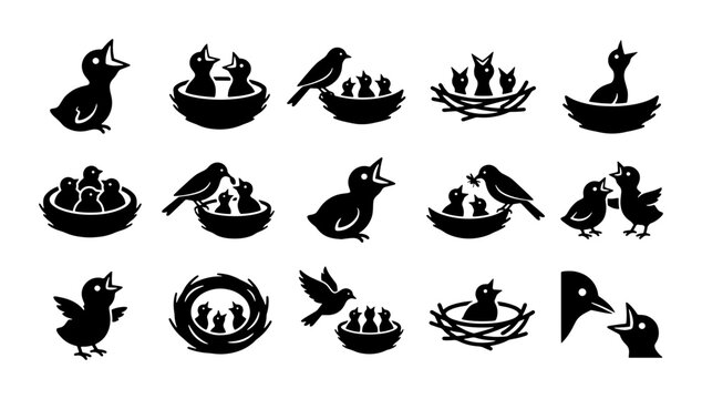 Minimalist bird nest icons set, black silhouette baby birds and mother feeding chicks, 15 vector animal symbols for nature branding