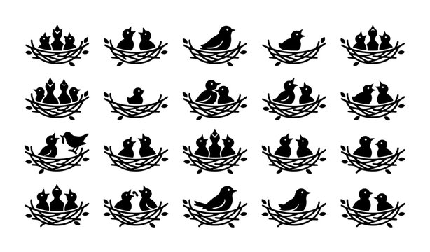 Minimalist bird nest silhouette icons, 20 vector elements of baby birds and mother bird in nest, black nature graphics for spring design