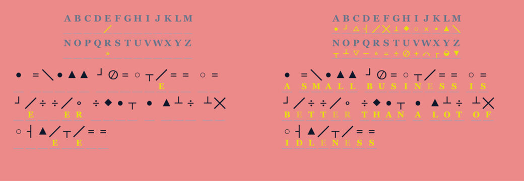 Graphic illustration of cryptogram with symbols on pink background  