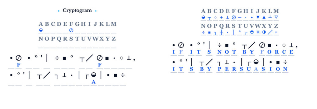 Cryptogram symbols and decoding chart in blue and white design  