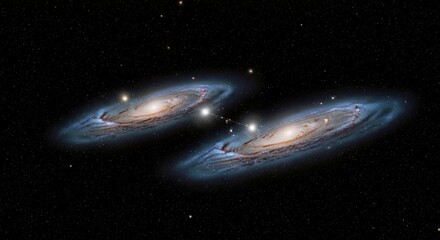 Obraz premium Spiral Galaxies Colliding in Deep Space With Cosmic Dust and Bright Nuclei