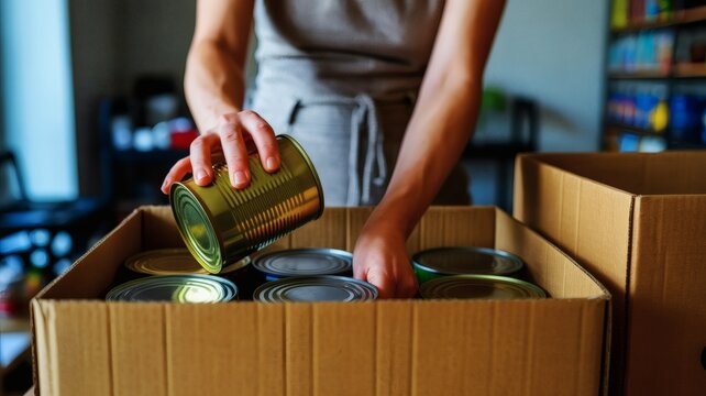 A person in a gray shirt packing cans of food into a cardboard box in a room with shelves and a window.