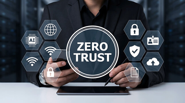 Businessman holding tablet with zero trust network security architecture icons concept