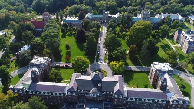 Aerial view of Vassar College campus with historic brick buildings and green lawns Poughkeepsie, New York, United States.