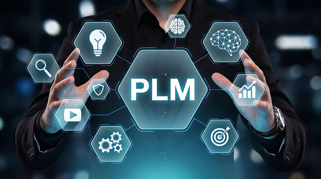 Businessman holding PLM product lifecycle management futuristic digital interface concept