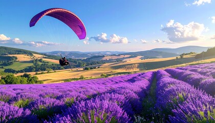 Fototapeta premium Vibrant purple lavender field under rainbow sky with mountains.