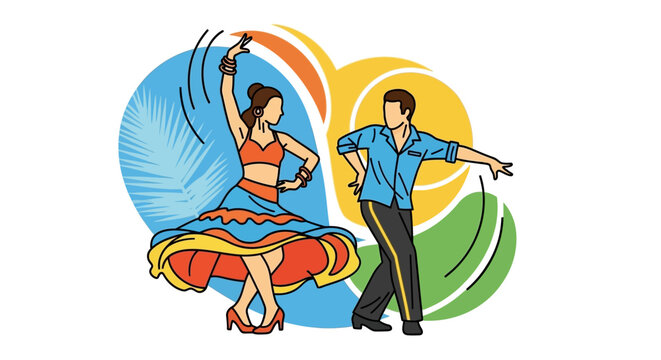 Couple dancing salsa, vibrant colors, fun movement, tropical background