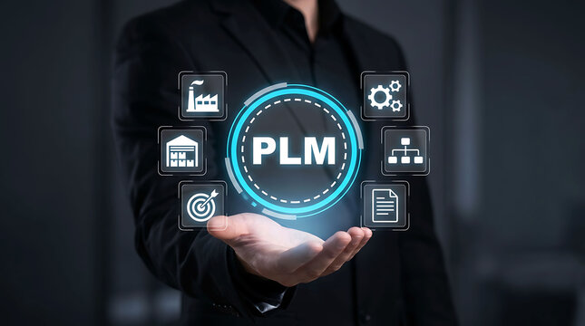 Businessman holding PLM product lifecycle management icon concept hologram interface