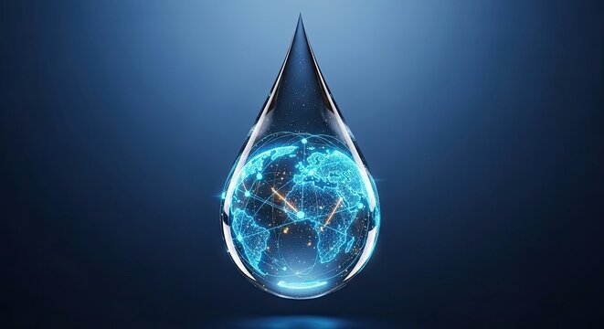 Gigapixel art of a water droplet containing a glowing blue Earth on a dark blue gradient background with light source
