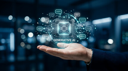 Fototapeta premium A hand holds a glowing digital representation of generative AI, surrounded by communication icons, symbolizing advanced technology and artificial intelligence.