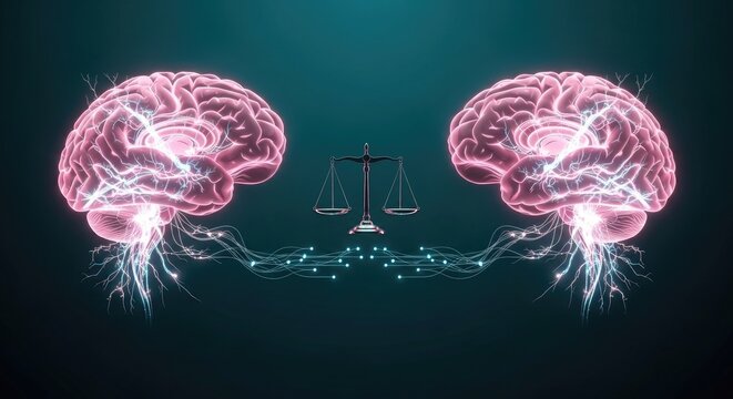 Two pink brains with white lightning bolts and a scale in the middle on a dark background representing justice and intelligence