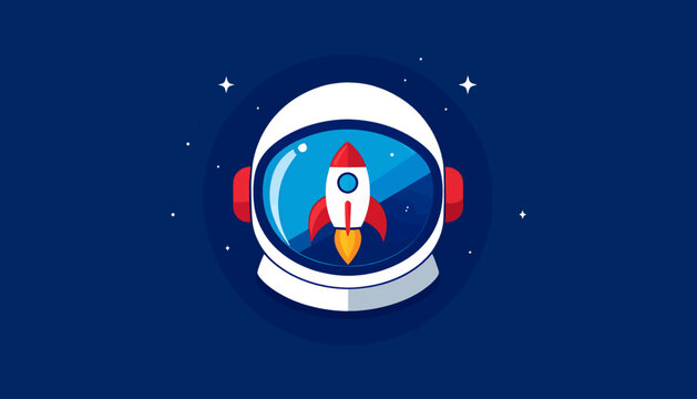 Astronaut helmet with rocket ship inside reflecting space.