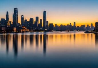 Fototapeta premium Beautiful city skyline with tall buildings reflecting on the water at sunset in a calm urban harbor area