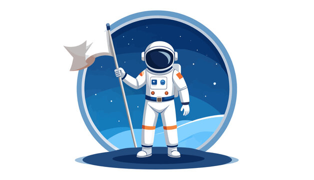 Astronaut planting flag on alien planet in outer space.