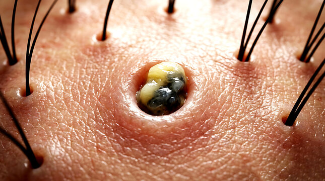 Detailed dermatology artwork of a blocked pore and acne formation.