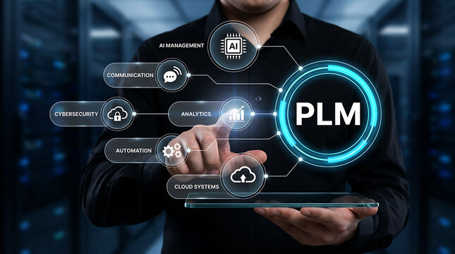 PLM product lifecycle management system technology concept with digital screen icon