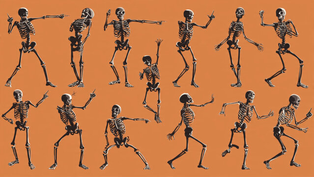 Collection of animated skeletons dancing on orange background with dynamic movement