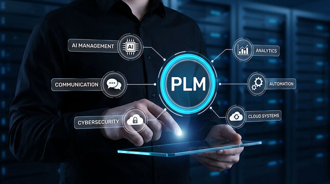 PLM Product Lifecycle Management business technology concept with data server background