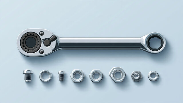 Metal ratchet wrench with assorted bolts and nuts for mechanical repair and construction