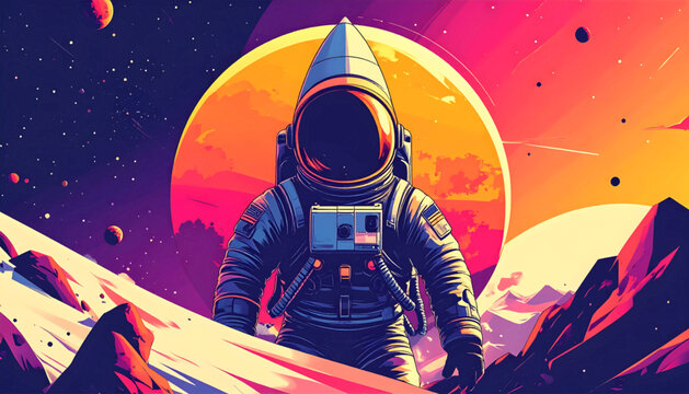Astronaut standing on alien planet with large moon behind.