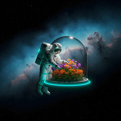Astronaut tending to a glowing terrarium of flowers in outer space. © Ridwan