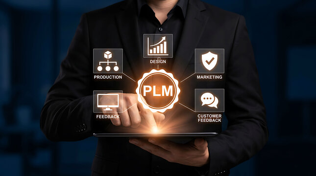Businessman managing product lifecycle with PLM system interface on digital tablet