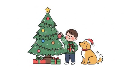 Fototapeta premium Boy decorating christmas tree with dog wearing santa hat