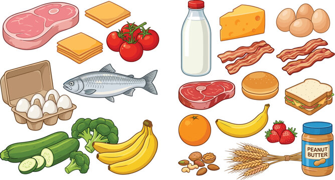 Healthy Food Collection with Meat Dairy Fish Eggs Fruits Vegetables Bakery Products and Nutritious Ingredients