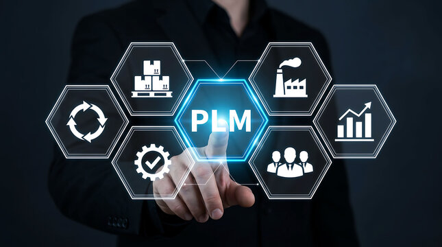 Businessman touching PLM product lifecycle management system virtual screen concept
