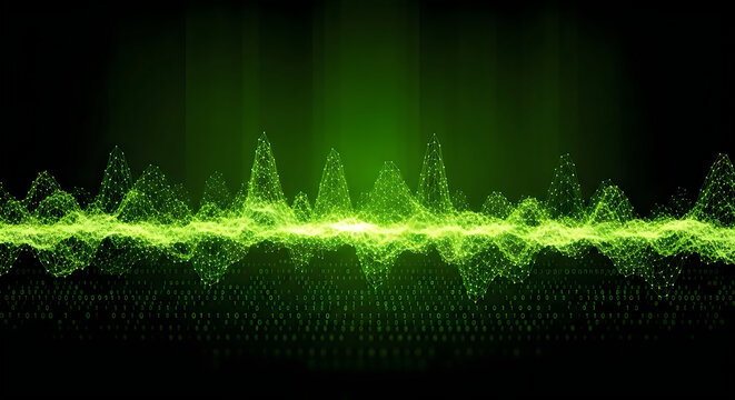 Glowing green digital waveform visualization rendered with intricate mesh lines and binary code elements against a deep dark black background