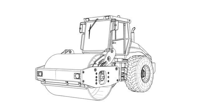 Detailed line art illustration of a heavy road roller machine used for soil and asphalt compaction on a construction site.