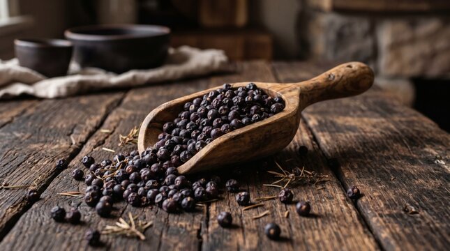 Close-up of Juniper Berries in Wooden Scoop on Rustic Table.
