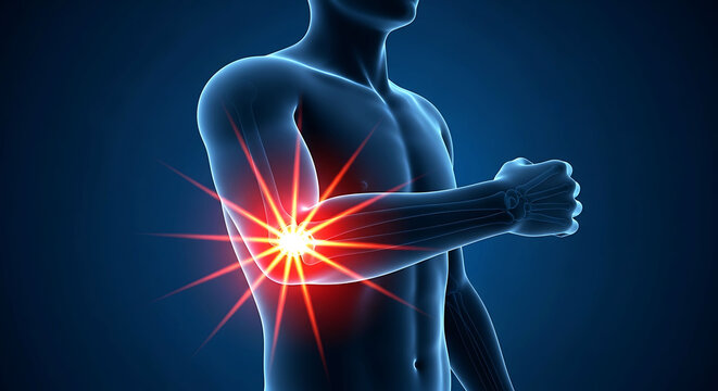 Male anatomy showing elbow joint pain inflammation 3d illustration medical concept