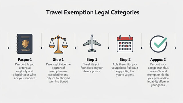 Travel exemption legal categories infographic with passport, airplane, calendar, and checkmark