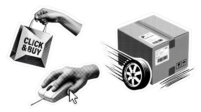Black and white illustration of online shopping concept with hand holding bag and mouse isolated on transparent background