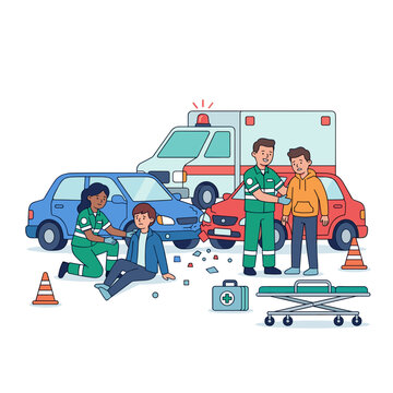 Accident scene with medical responders helping injured person  