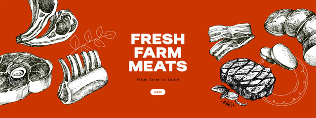 Hand drawn sketch meat butcher shop posters. Vector vintage collage illustration. Menu poster design set © pim