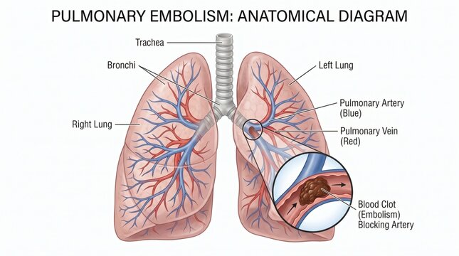 Detailed Anatomical Diagram of Pulmonary Embolism with Lungs and Blood Vessels.