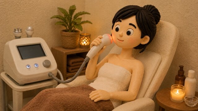 クレイアニメ風の女性キャラクターがエステサロンで美容機器を使って顔のケアをするシーン